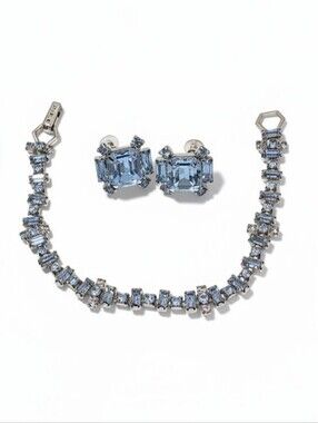 Blue Ice Crystal Tennis Bracelet & Screwback Clip On Earrings Set